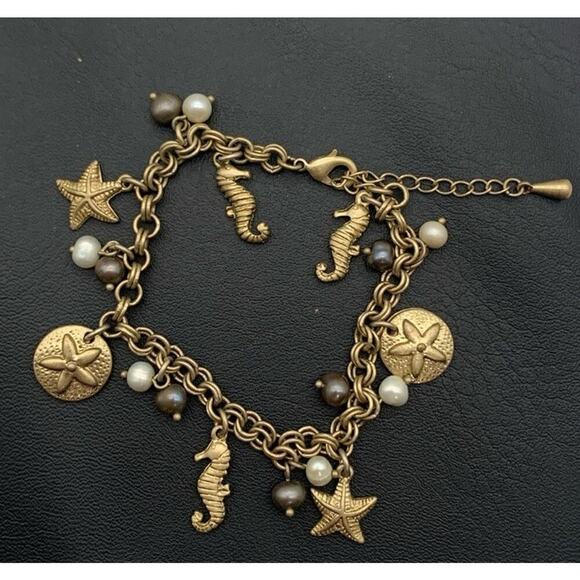 Lia Sophia Under the Sea Gold Tone Charm Bracelet w Freshwater Pearls Nautical - Picture 1 of 3
